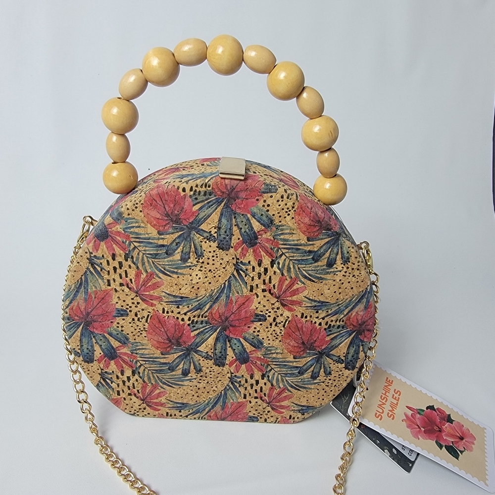 Hippie Round Printed Cork Floral Aloha Clutch Bag Wood Beaded Handle Crossbody